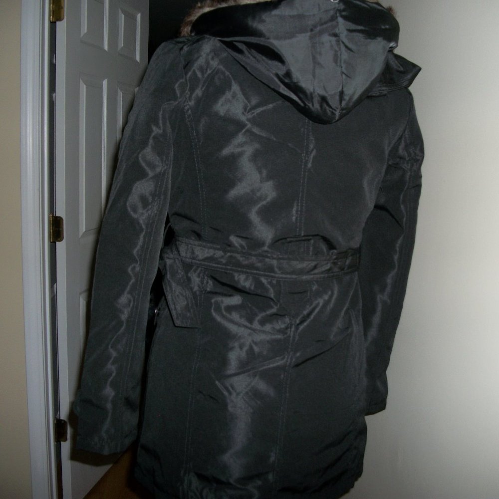 New without tag. x-small. black satiny coat. belt - Picture 3 of 4